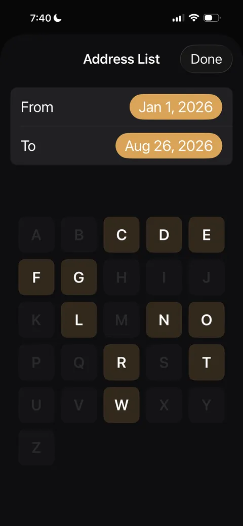 Cadence Log address-list screen