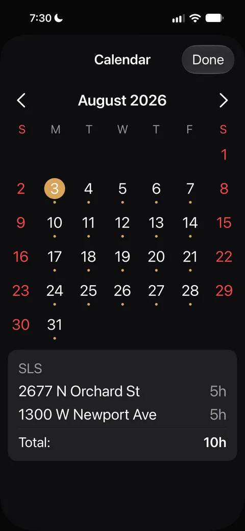 Cadence Log calendar screen