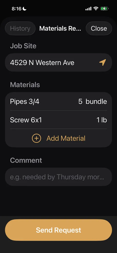 Cadence Log materials-request screen